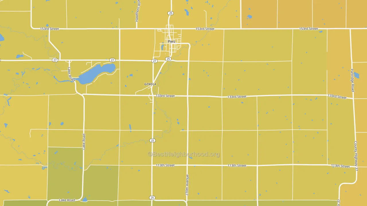 Map of the best neighborhoods in the Genola area, with better matches in green and worse matches in red