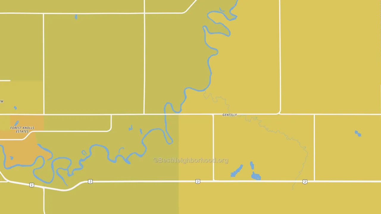 Map of the best neighborhoods in the Gentilly area, with better matches in green and worse matches in red