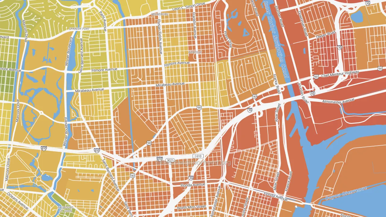 Map of the best neighborhoods in the Gentilly Terrace, New Orleans area, with better matches in green and worse matches in red