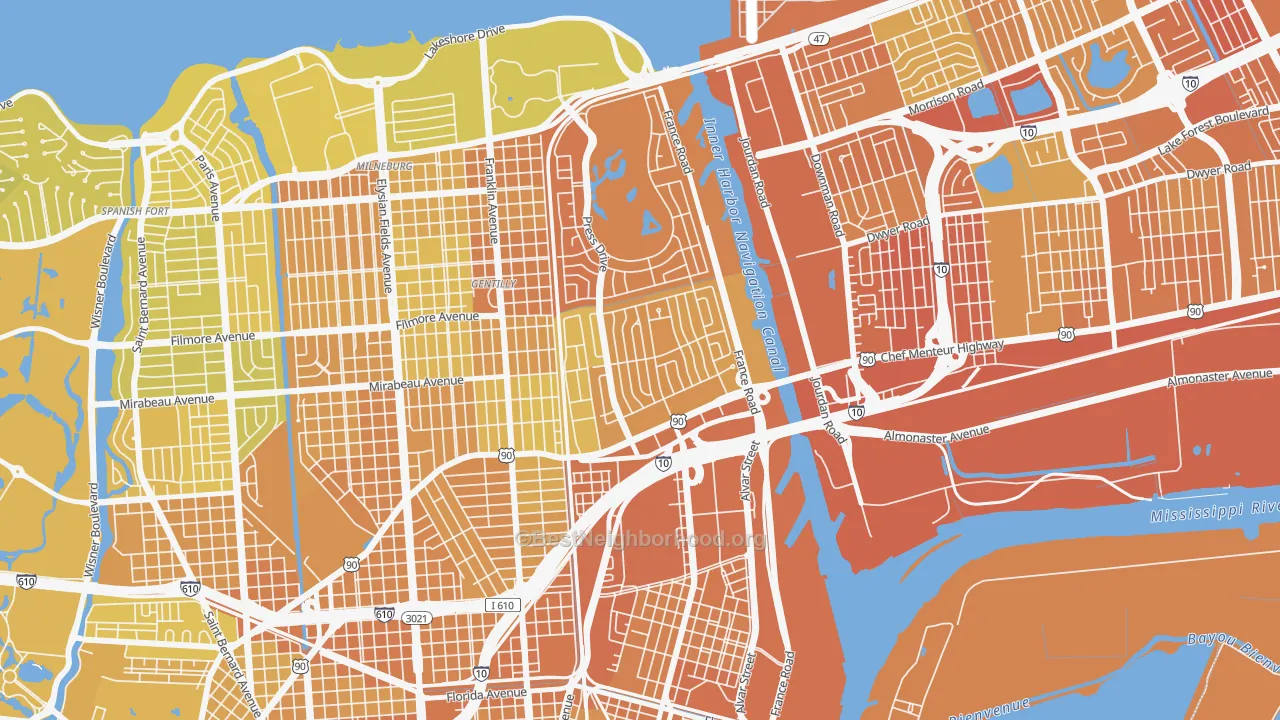 Map of the best neighborhoods in the Gentilly Woods, New Orleans area, with better matches in green and worse matches in red
