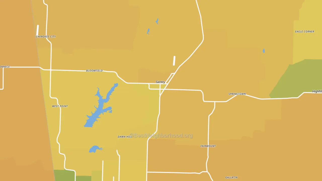 Map of the best neighborhoods in the Gentry area, with better matches in green and worse matches in red