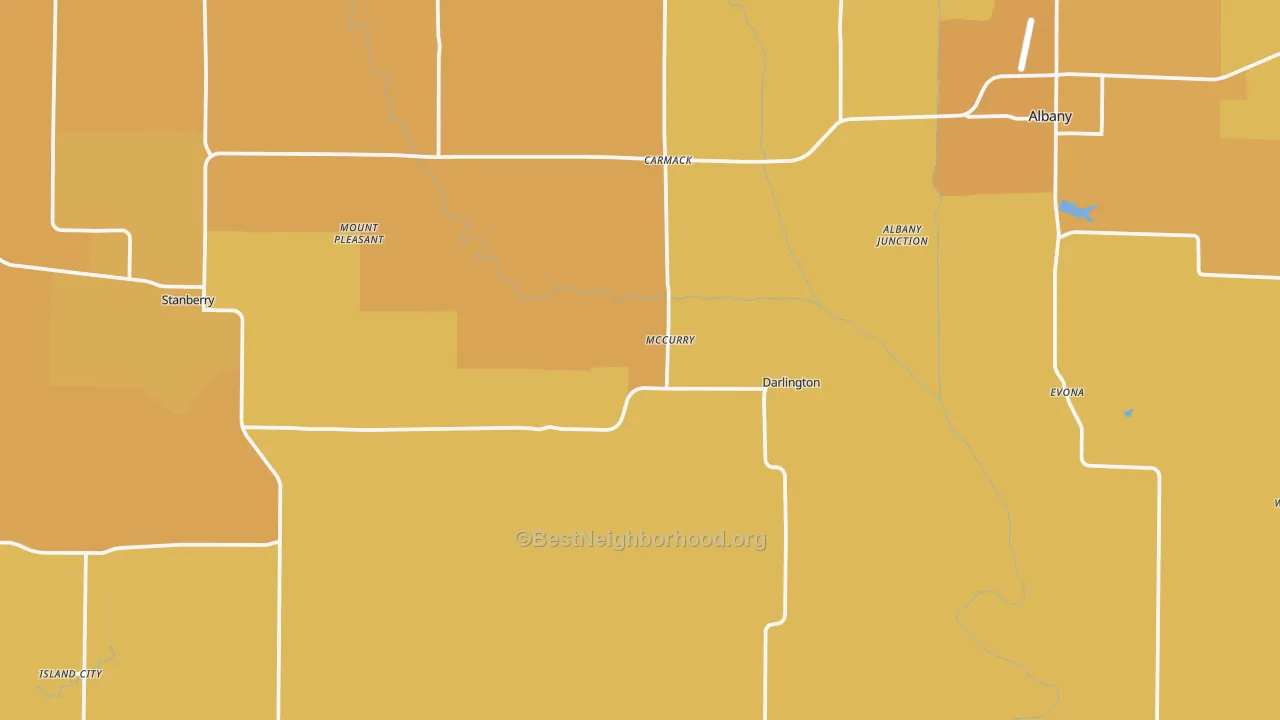 Map of the best neighborhoods in the Gentry County area, with better matches in green and worse matches in red