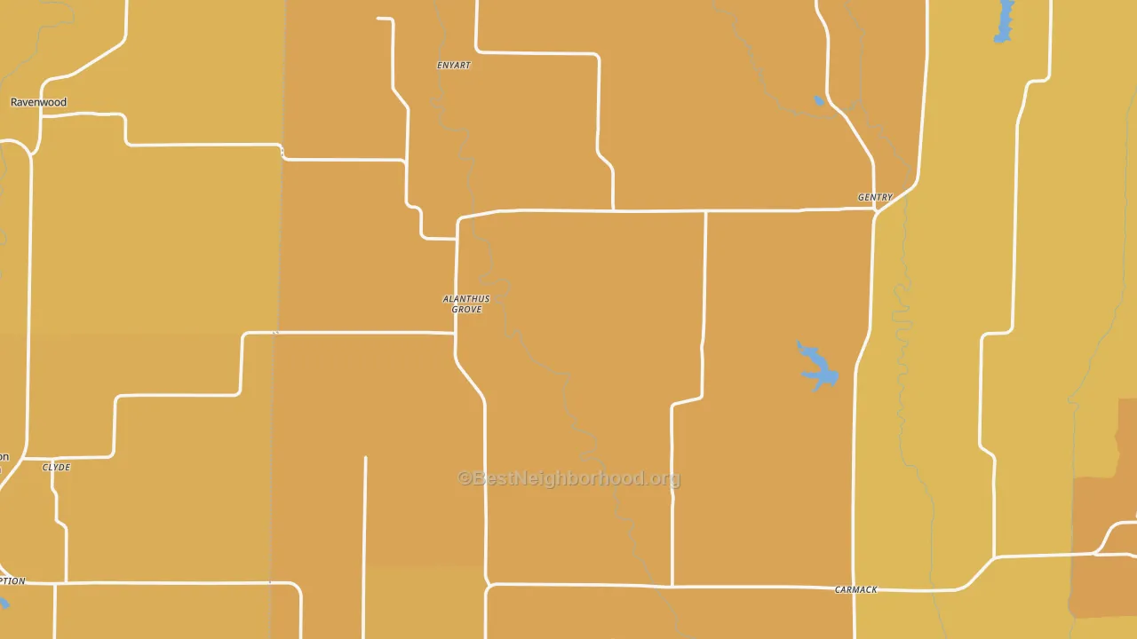 Map of the best neighborhoods in the Gentry area, with better matches in green and worse matches in red