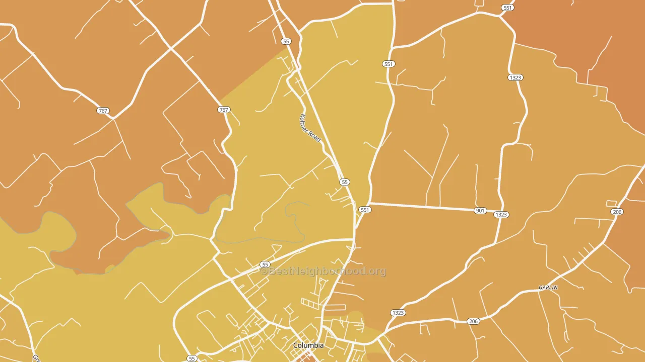 Map of the best neighborhoods in the Gentrys Mill area, with better matches in green and worse matches in red