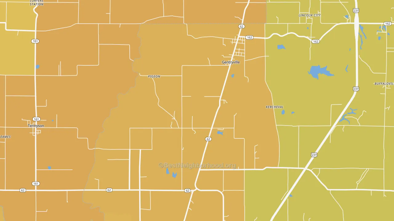 Map of the best neighborhoods in the Gentryville area, with better matches in green and worse matches in red