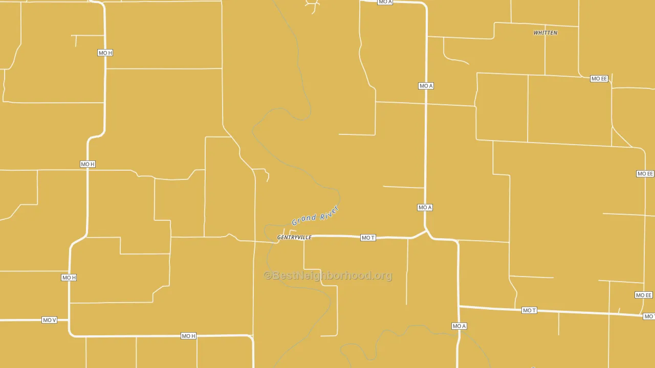 Map of the best neighborhoods in the Gentryville area, with better matches in green and worse matches in red