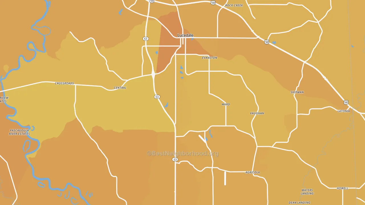 Map of the best neighborhoods in the George County area, with better matches in green and worse matches in red