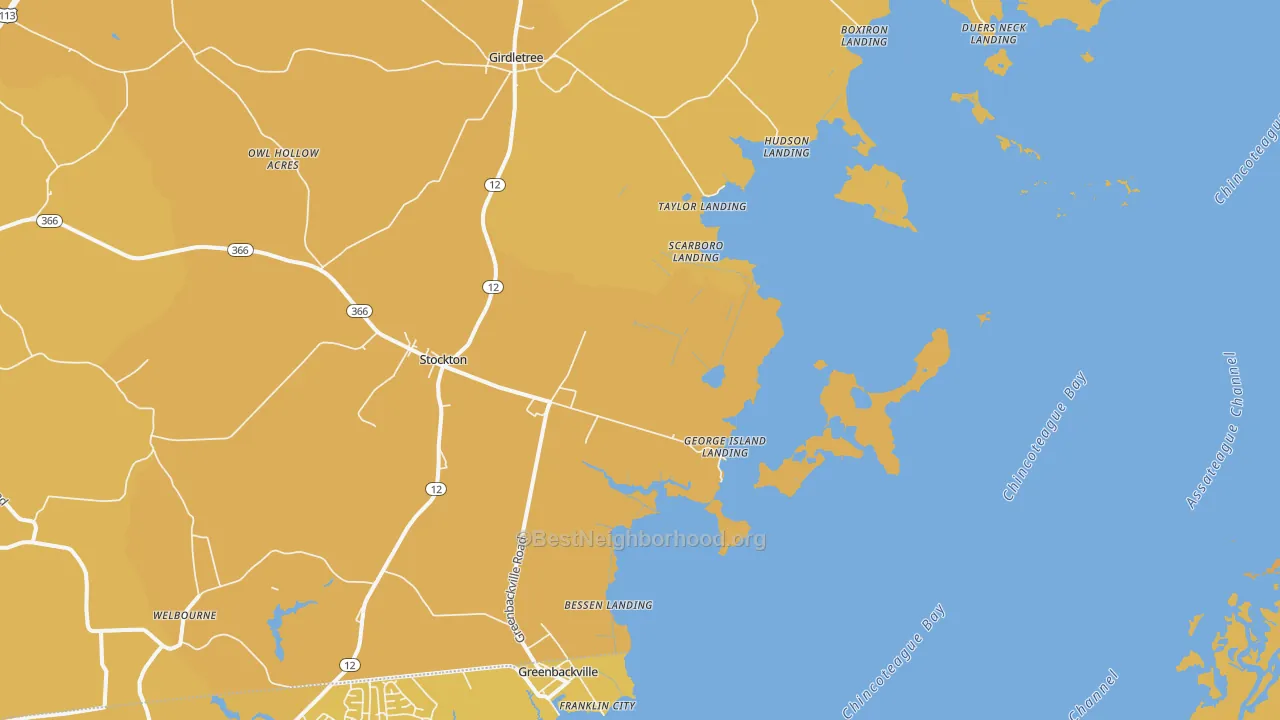 Map of the best neighborhoods in the George Island Landing area, with better matches in green and worse matches in red