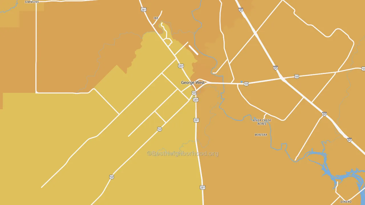 Map of the best neighborhoods in the George West area, with better matches in green and worse matches in red