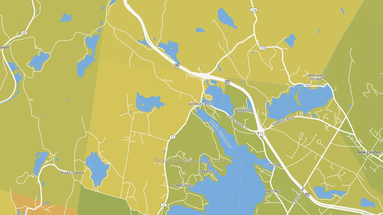 Map of the best neighborhoods in the Georges Mills area, with better matches in green and worse matches in red