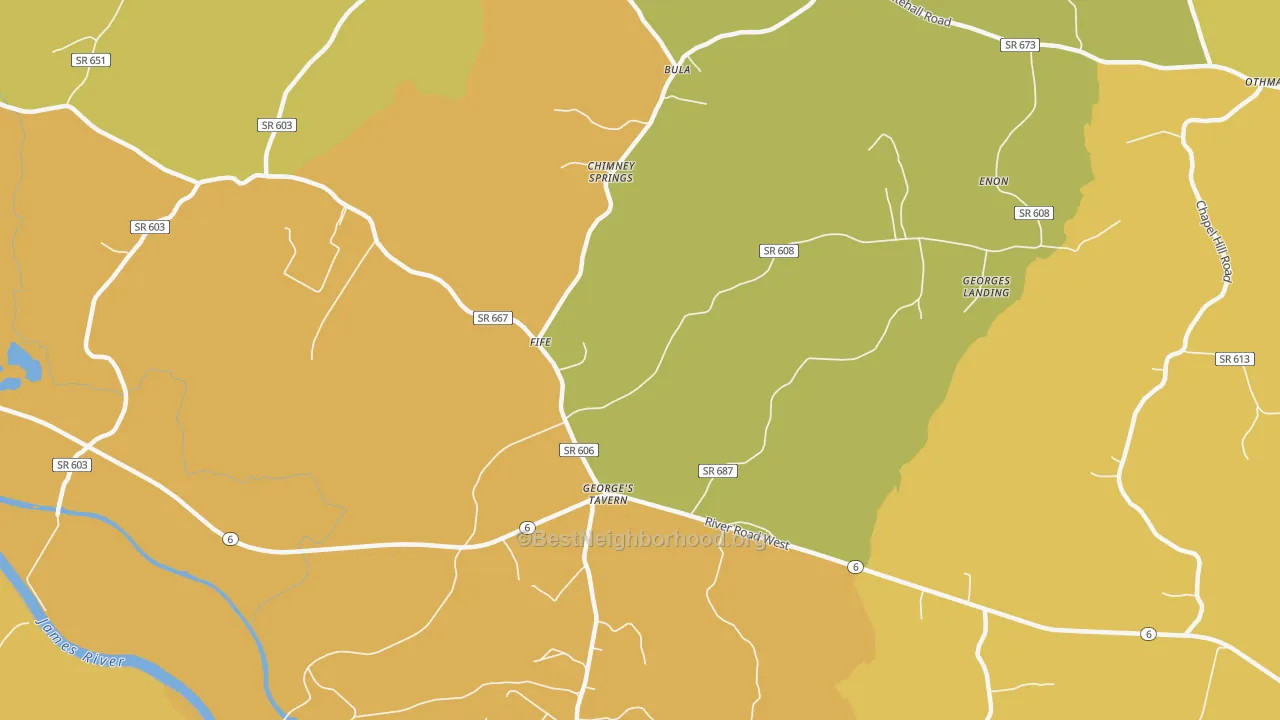 Map of the best neighborhoods in the Georges Tavern area, with better matches in green and worse matches in red