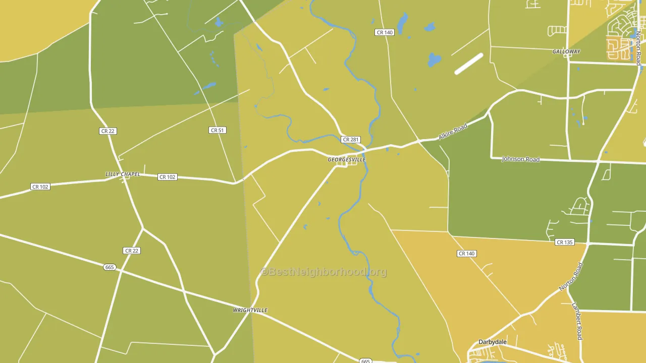 Map of the best neighborhoods in the Georgesville area, with better matches in green and worse matches in red
