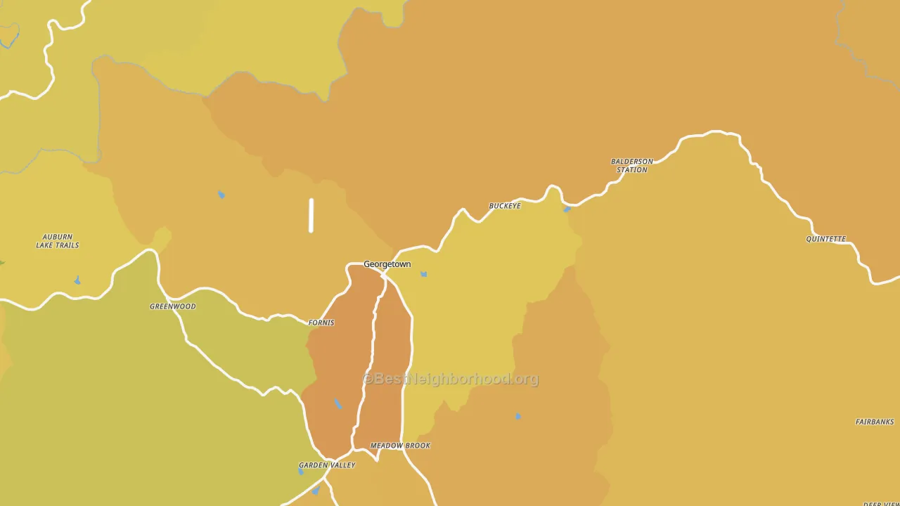 Map of the best neighborhoods in the Georgetown area, with better matches in green and worse matches in red