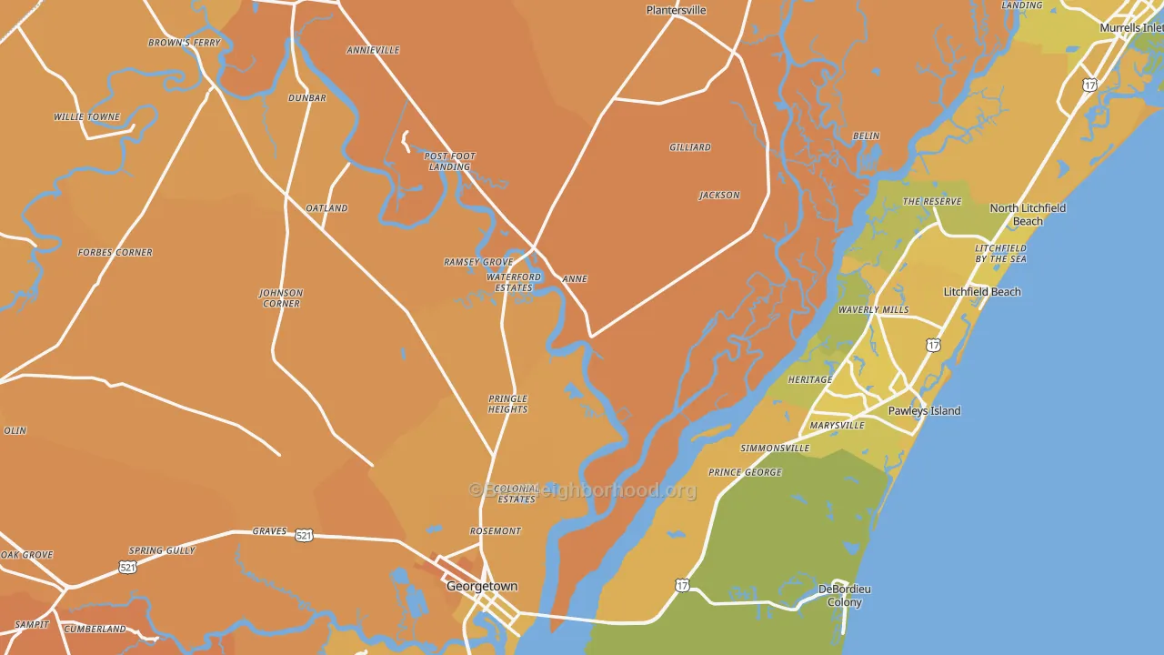 Map of the best neighborhoods in the Georgetown County area, with better matches in green and worse matches in red