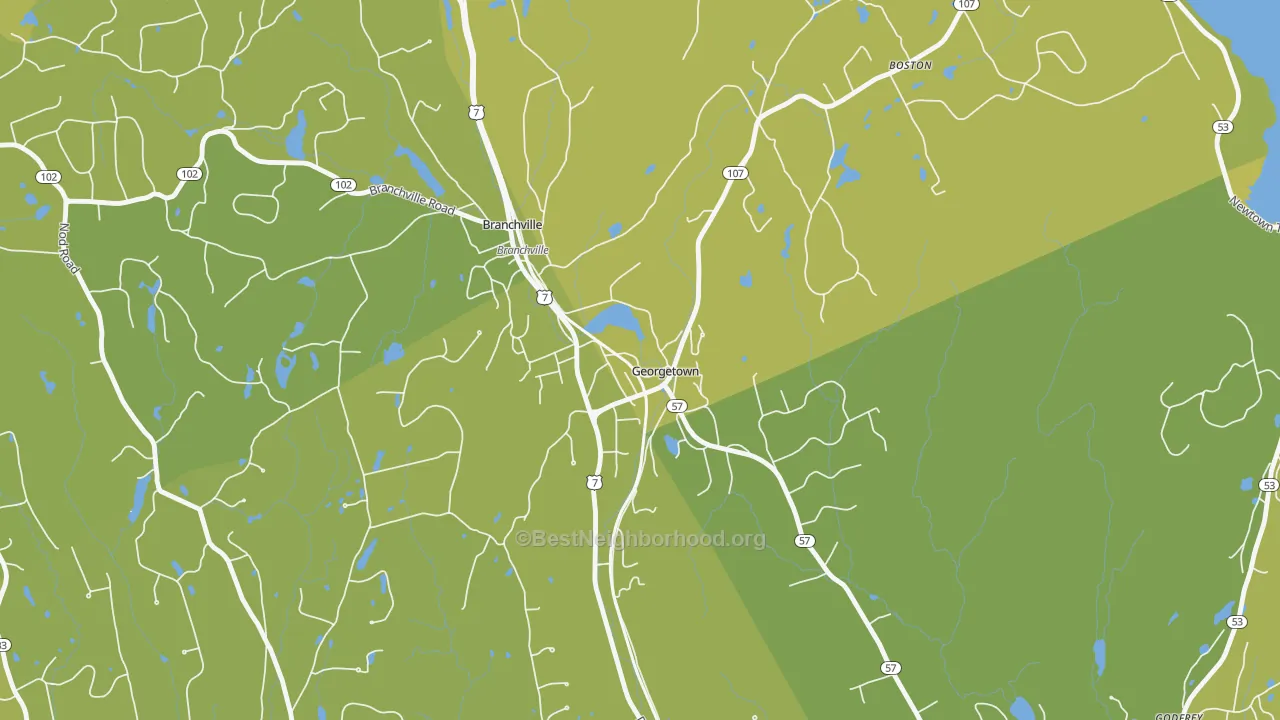 Map of the best neighborhoods in the Georgetown area, with better matches in green and worse matches in red