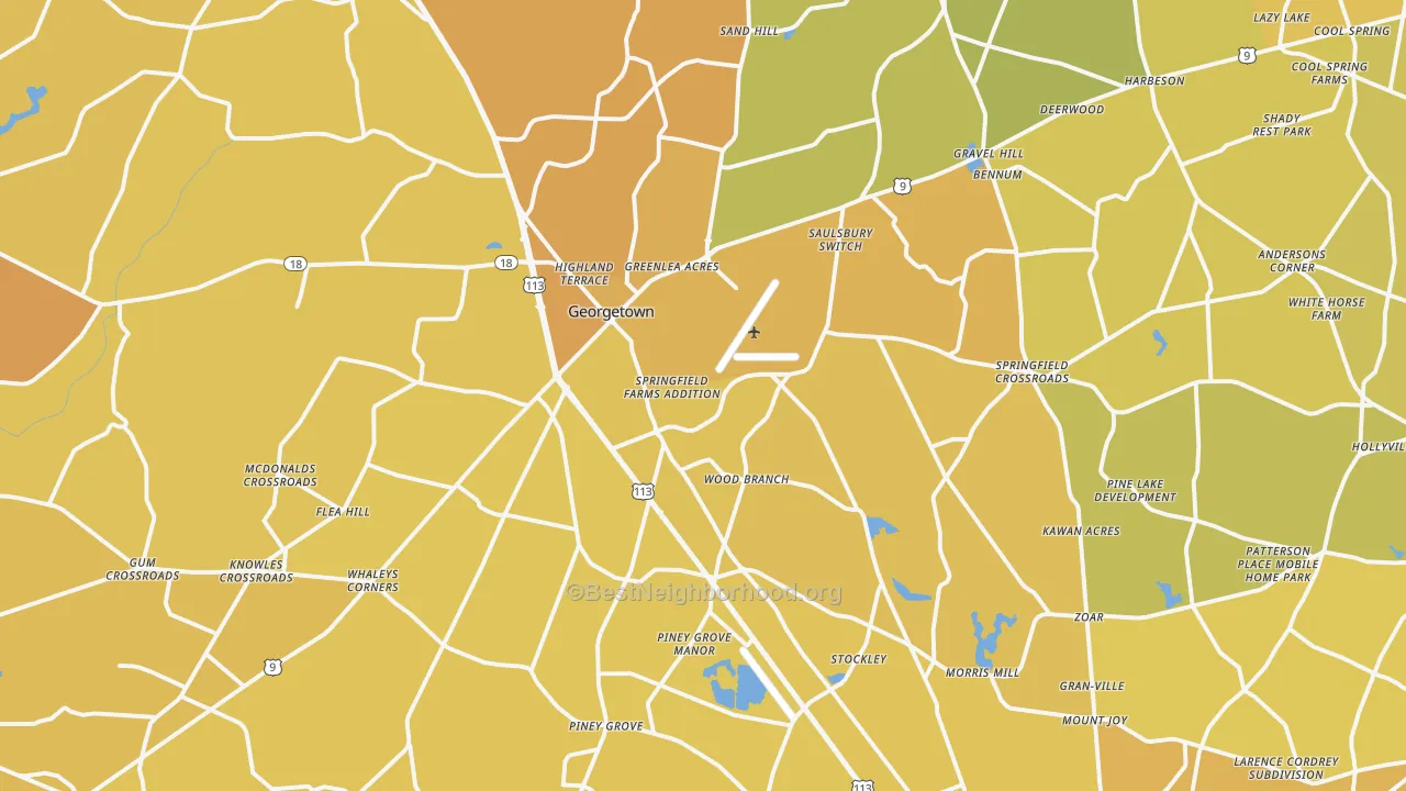 Map of the best neighborhoods in the Georgetown area, with better matches in green and worse matches in red