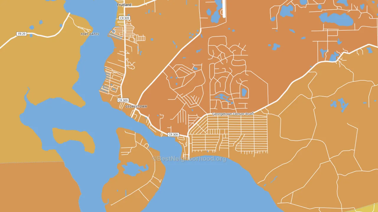 Map of the best neighborhoods in the Georgetown area, with better matches in green and worse matches in red