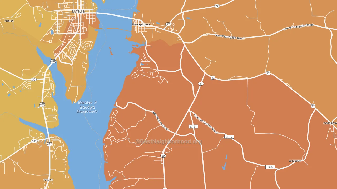 Map of the best neighborhoods in the Georgetown area, with better matches in green and worse matches in red