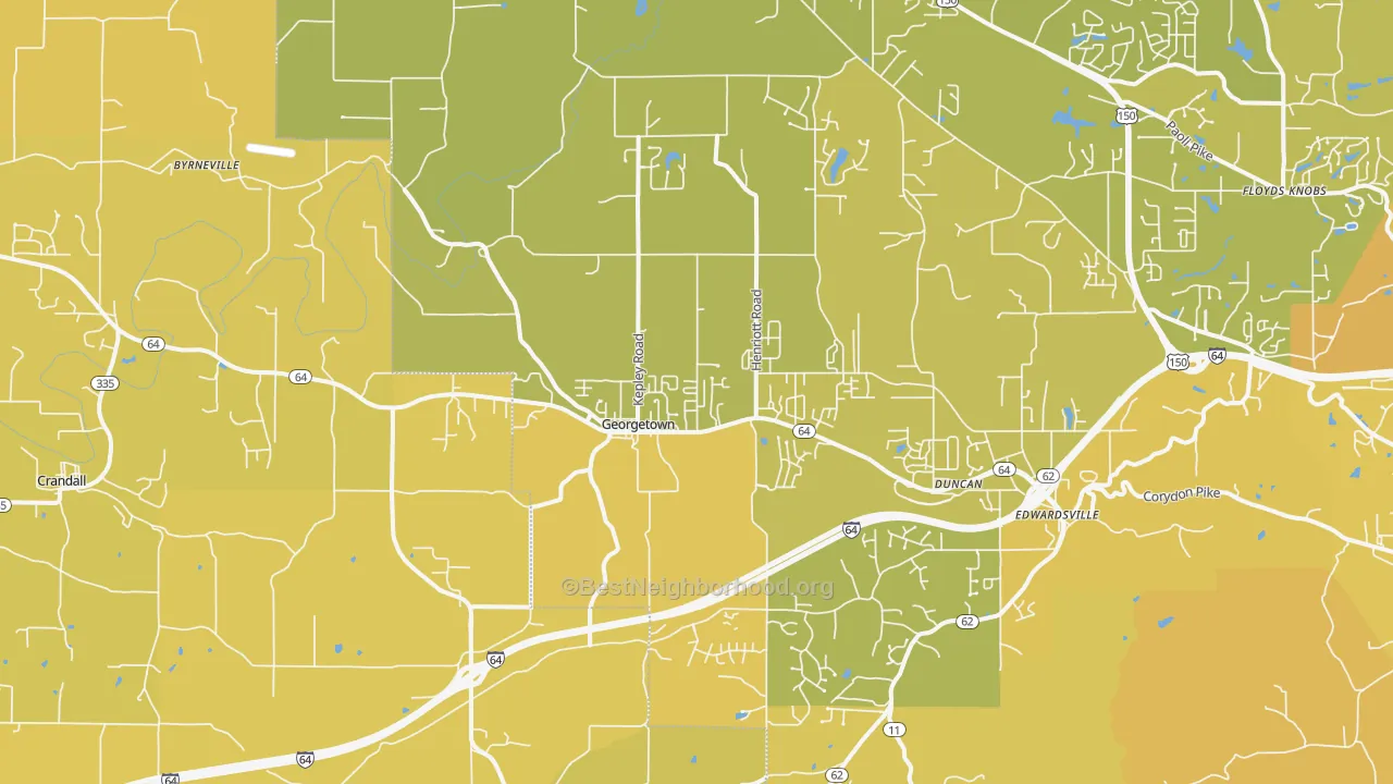 Map of the best neighborhoods in the Georgetown area, with better matches in green and worse matches in red