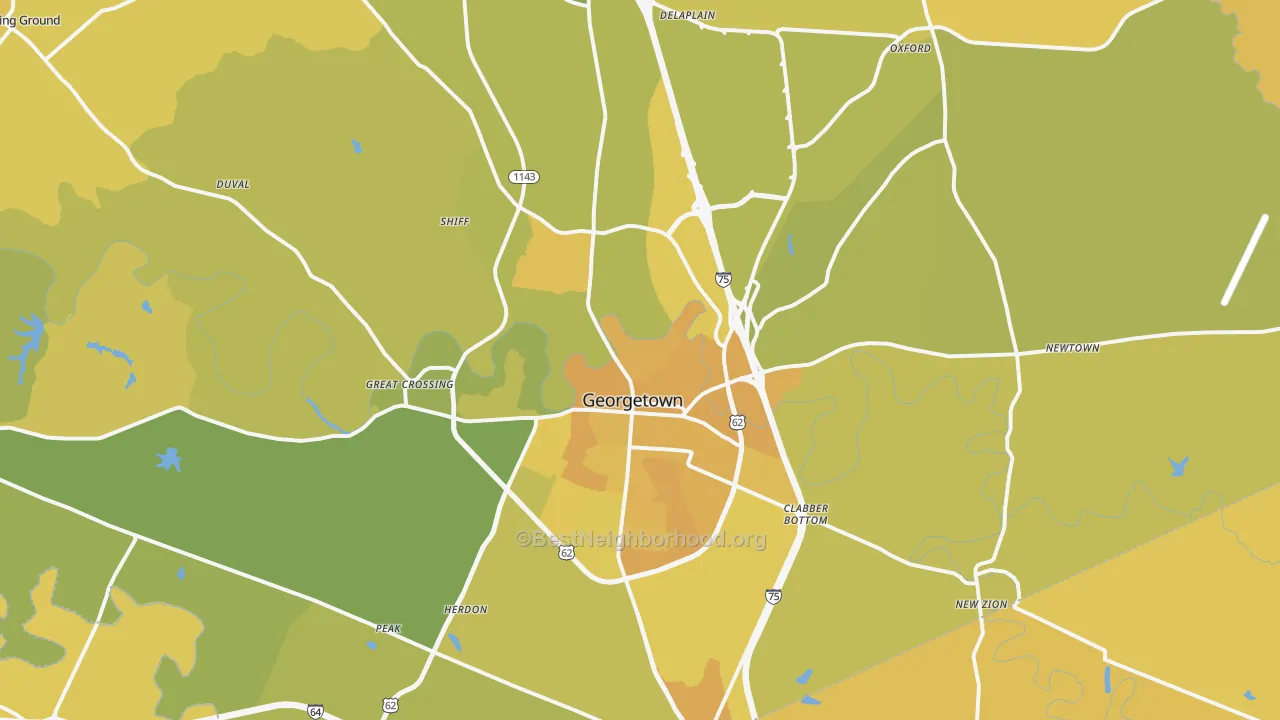 Map of the best neighborhoods in the Georgetown area, with better matches in green and worse matches in red