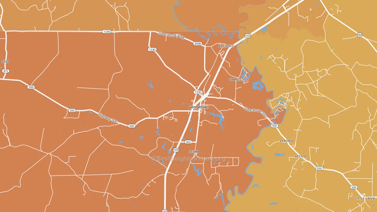 Map of the best neighborhoods in the Georgetown area, with better matches in green and worse matches in red