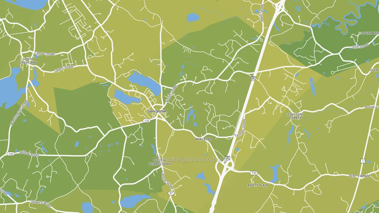 Map of the best neighborhoods in the Georgetown area, with better matches in green and worse matches in red