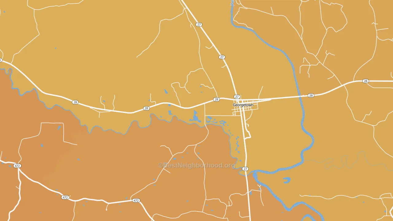 Map of the best neighborhoods in the Georgetown area, with better matches in green and worse matches in red