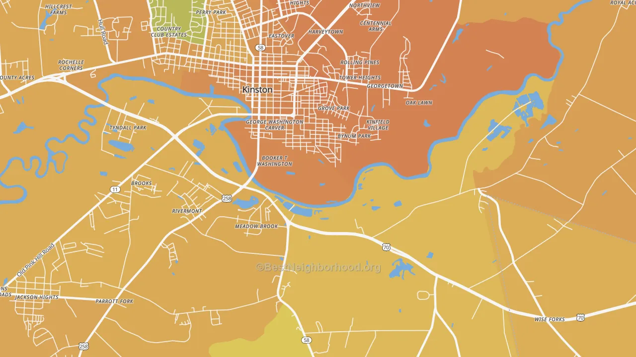 Map of the best neighborhoods in the Georgetown area, with better matches in green and worse matches in red