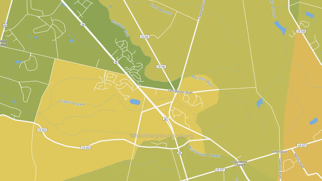 Map of the best neighborhoods in the Georgetown area, with better matches in green and worse matches in red