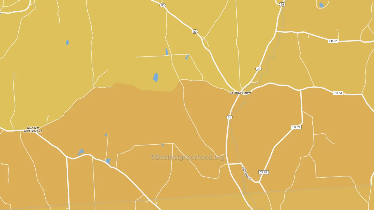 Map of the best neighborhoods in the Georgetown area, with better matches in green and worse matches in red
