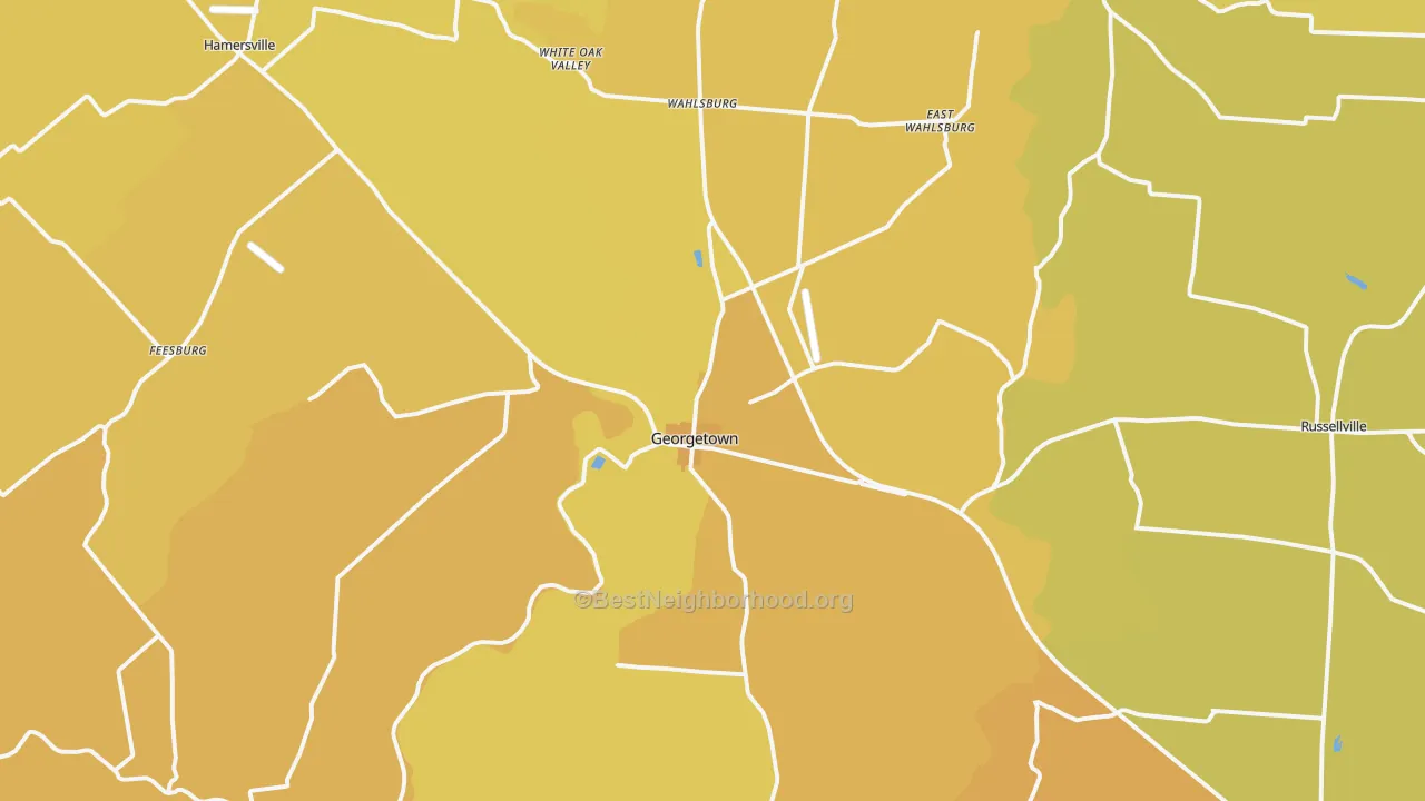 Map of the best neighborhoods in the Georgetown area, with better matches in green and worse matches in red