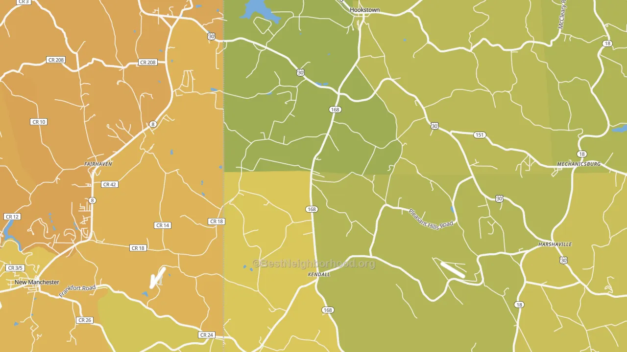 Map of the best neighborhoods in the Georgetown area, with better matches in green and worse matches in red