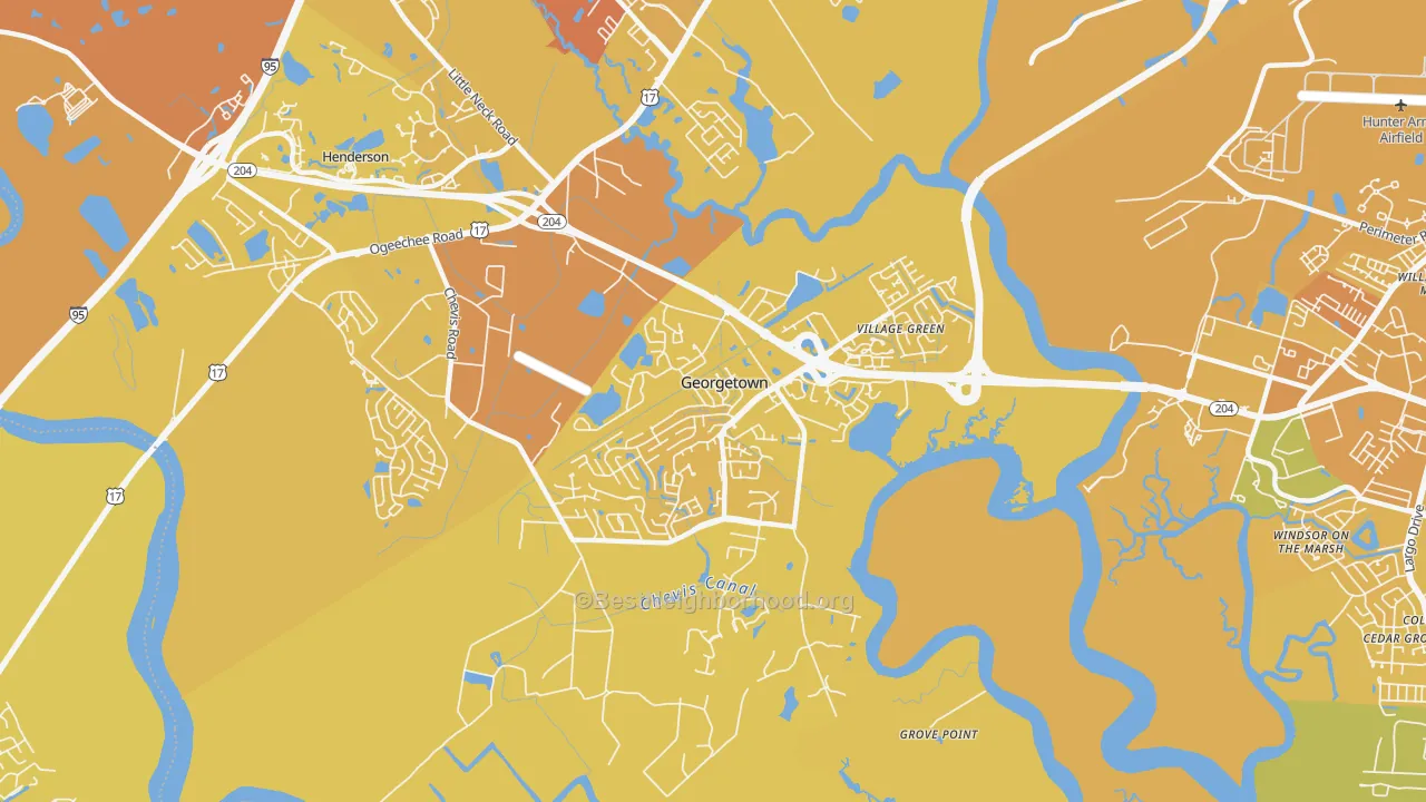 Map of the best neighborhoods in the Georgetown, Savannah area, with better matches in green and worse matches in red