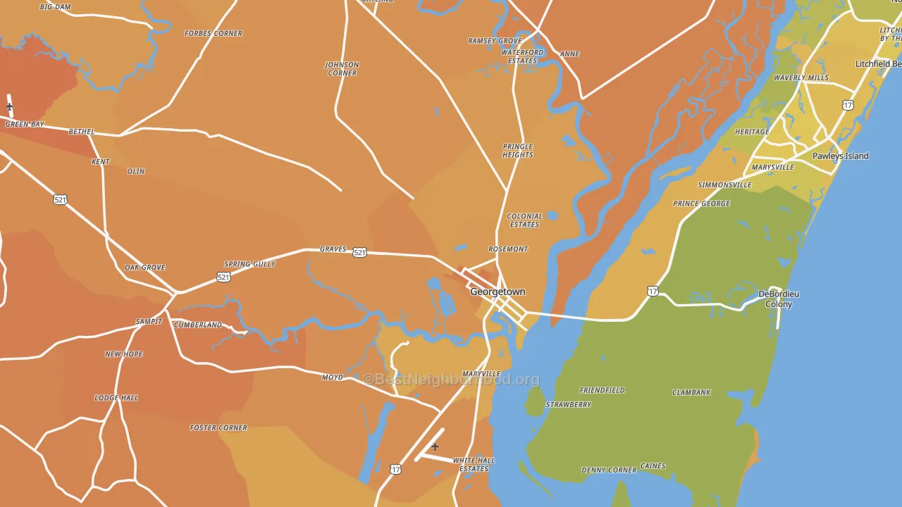 Map of the best neighborhoods in the Georgetown area, with better matches in green and worse matches in red