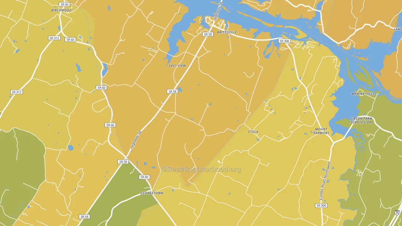 Map of the best neighborhoods in the Georgetown area, with better matches in green and worse matches in red