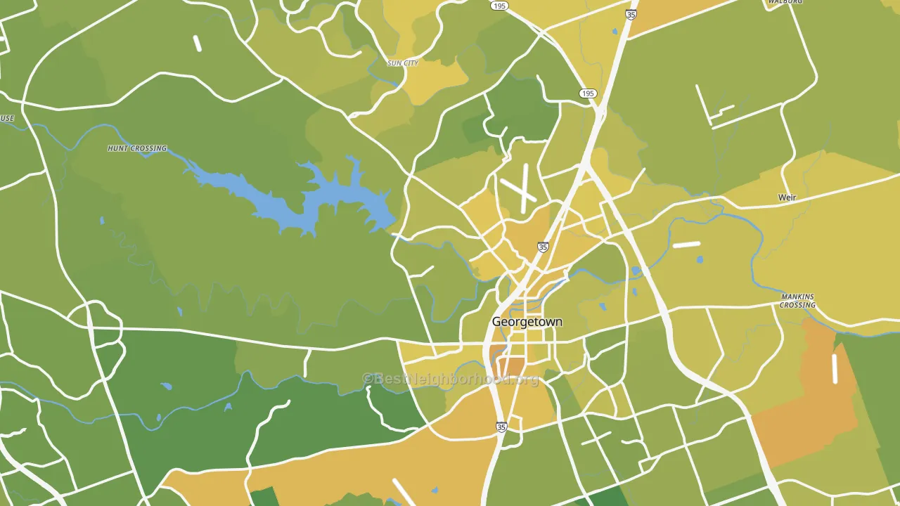 Map of the best neighborhoods in the Georgetown area, with better matches in green and worse matches in red