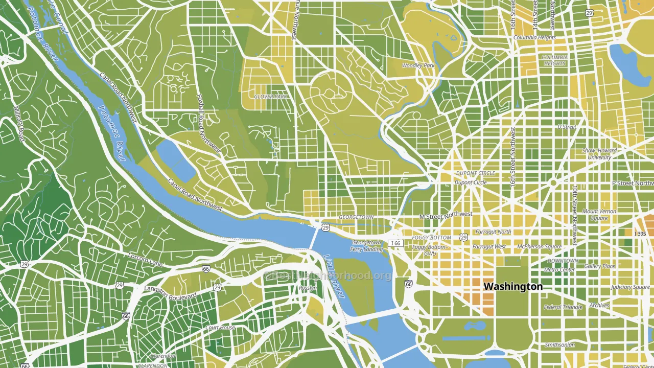 Map of the best neighborhoods in the Georgetown, Washington area, with better matches in green and worse matches in red