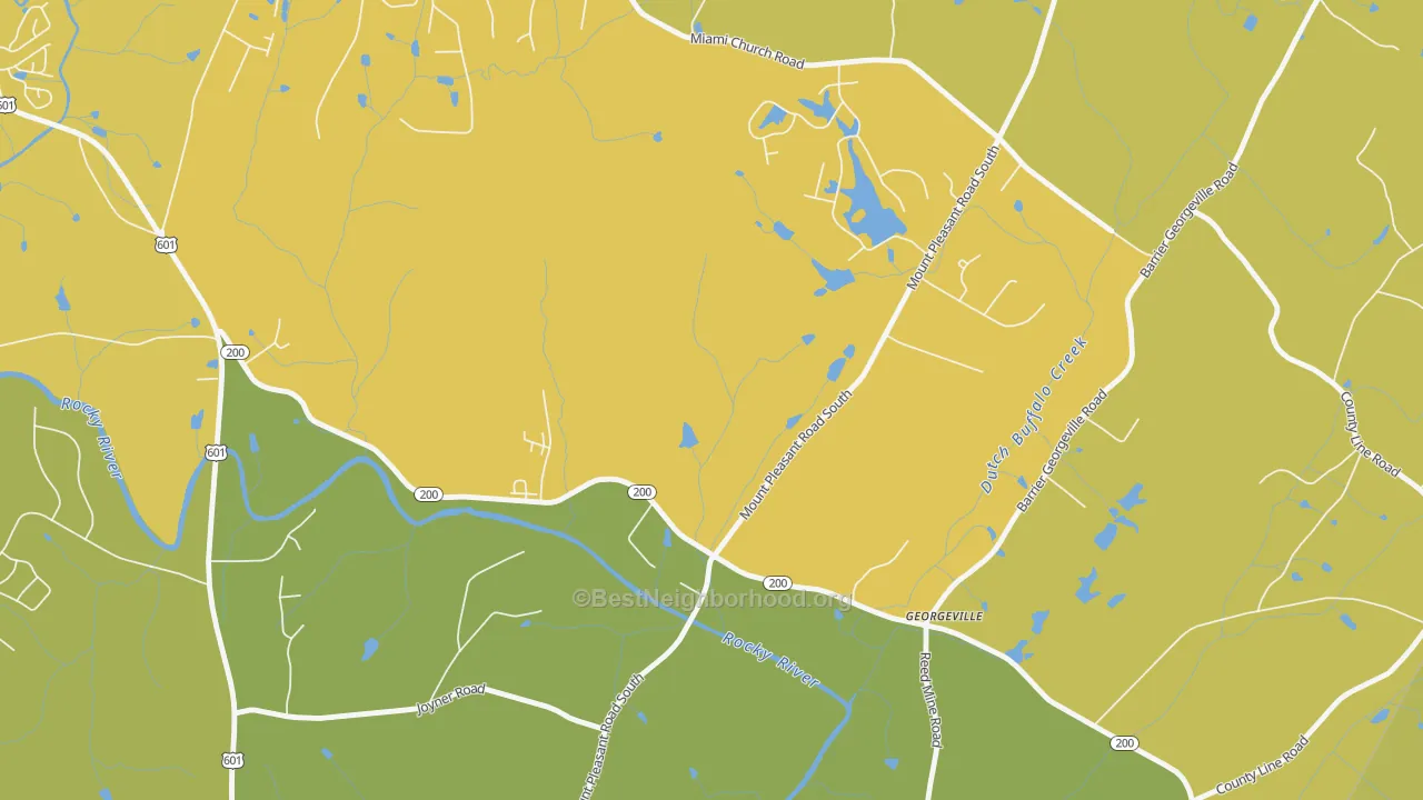 Map of the best neighborhoods in the Georgeville area, with better matches in green and worse matches in red