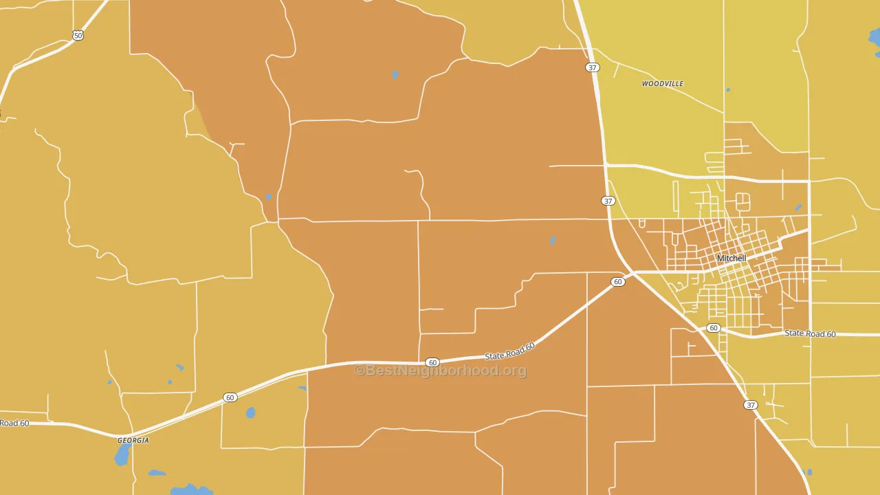 Map of the best neighborhoods in the Georgia area, with better matches in green and worse matches in red
