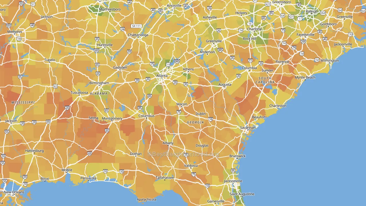 Map of the best neighborhoods in the Georgia area, with better matches in green and worse matches in red