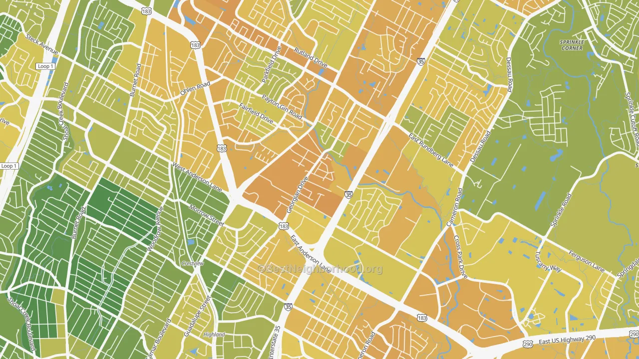 Map of the best neighborhoods in the Georgian Acres, Austin area, with better matches in green and worse matches in red