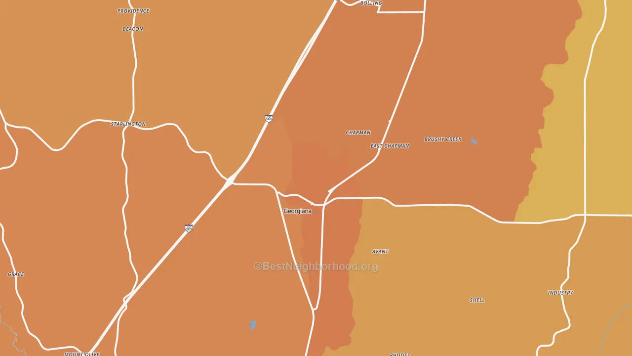 Map of the best neighborhoods in the Georgiana area, with better matches in green and worse matches in red