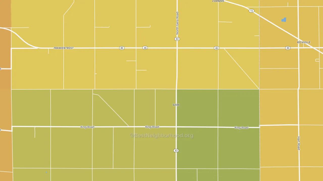 Map of the best neighborhoods in the Gera area, with better matches in green and worse matches in red