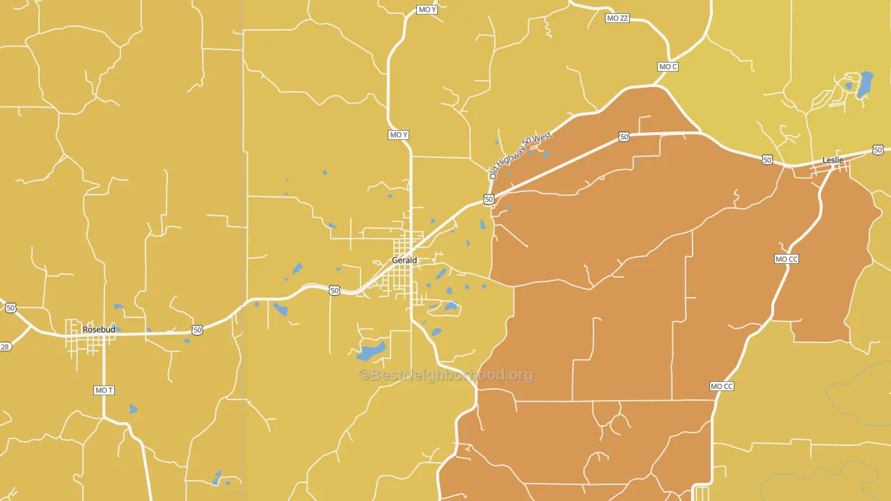 Map of the best neighborhoods in the Gerald area, with better matches in green and worse matches in red