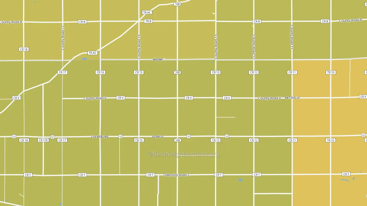 Map of the best neighborhoods in the Gerald area, with better matches in green and worse matches in red