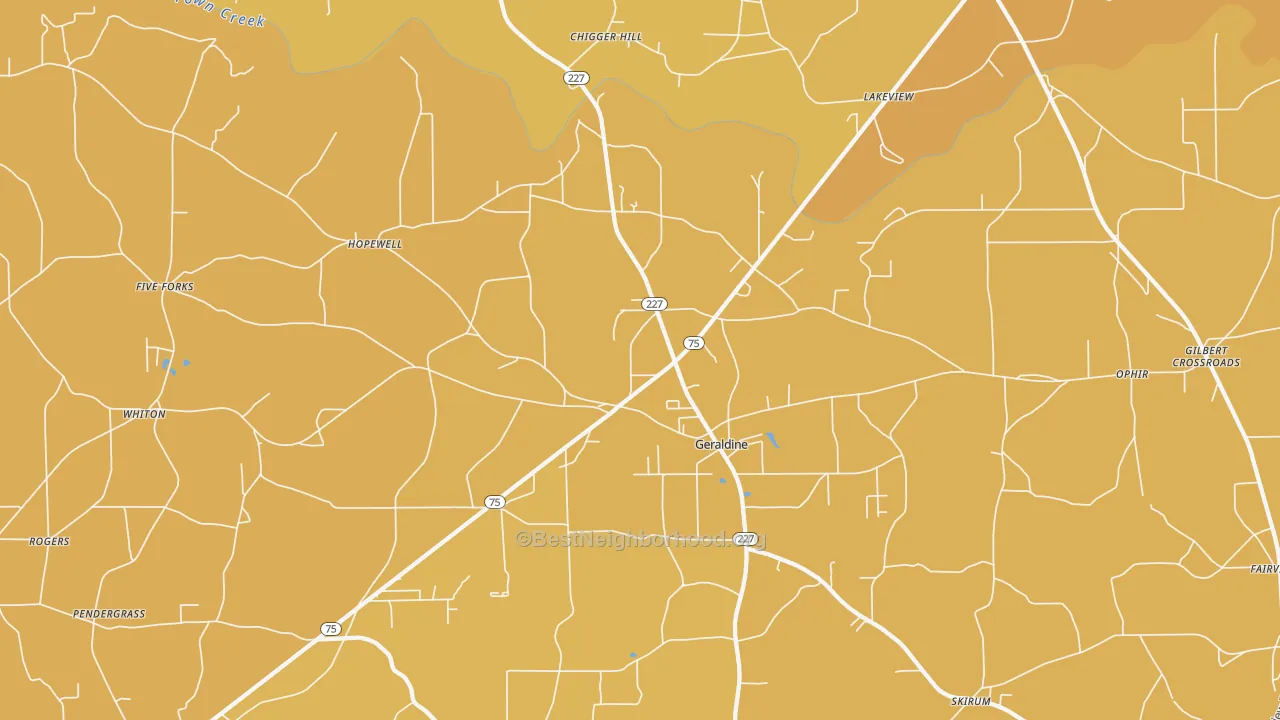 Map of the best neighborhoods in the Geraldine area, with better matches in green and worse matches in red