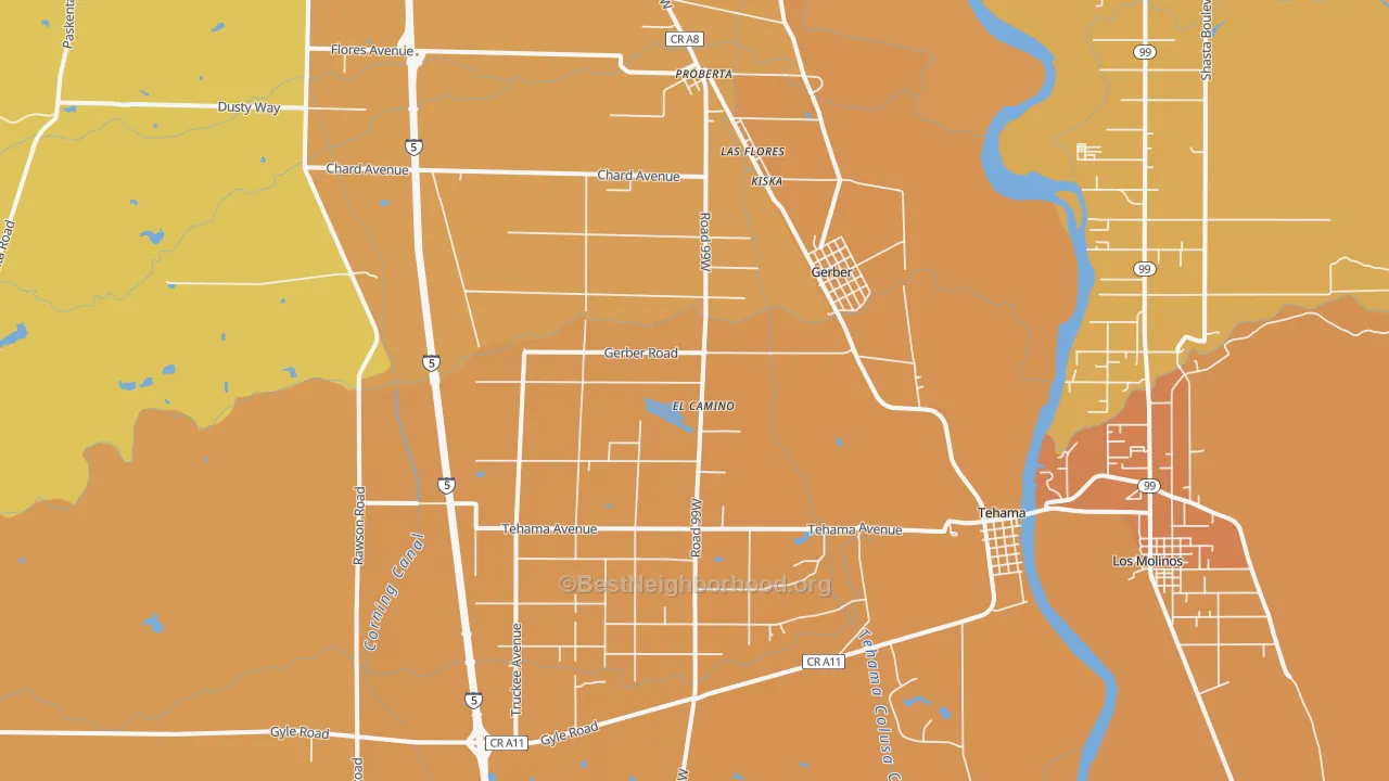 Map of the best neighborhoods in the Gerber area, with better matches in green and worse matches in red
