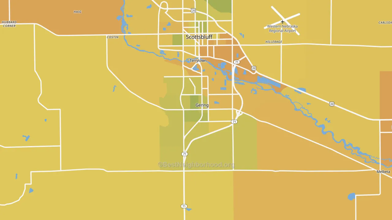 Map of the best neighborhoods in the Gering area, with better matches in green and worse matches in red