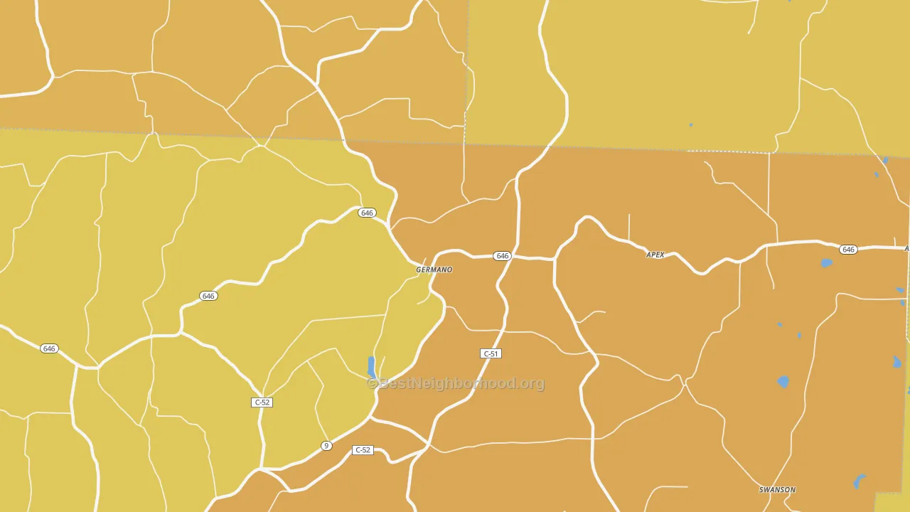 Map of the best neighborhoods in the Germano area, with better matches in green and worse matches in red