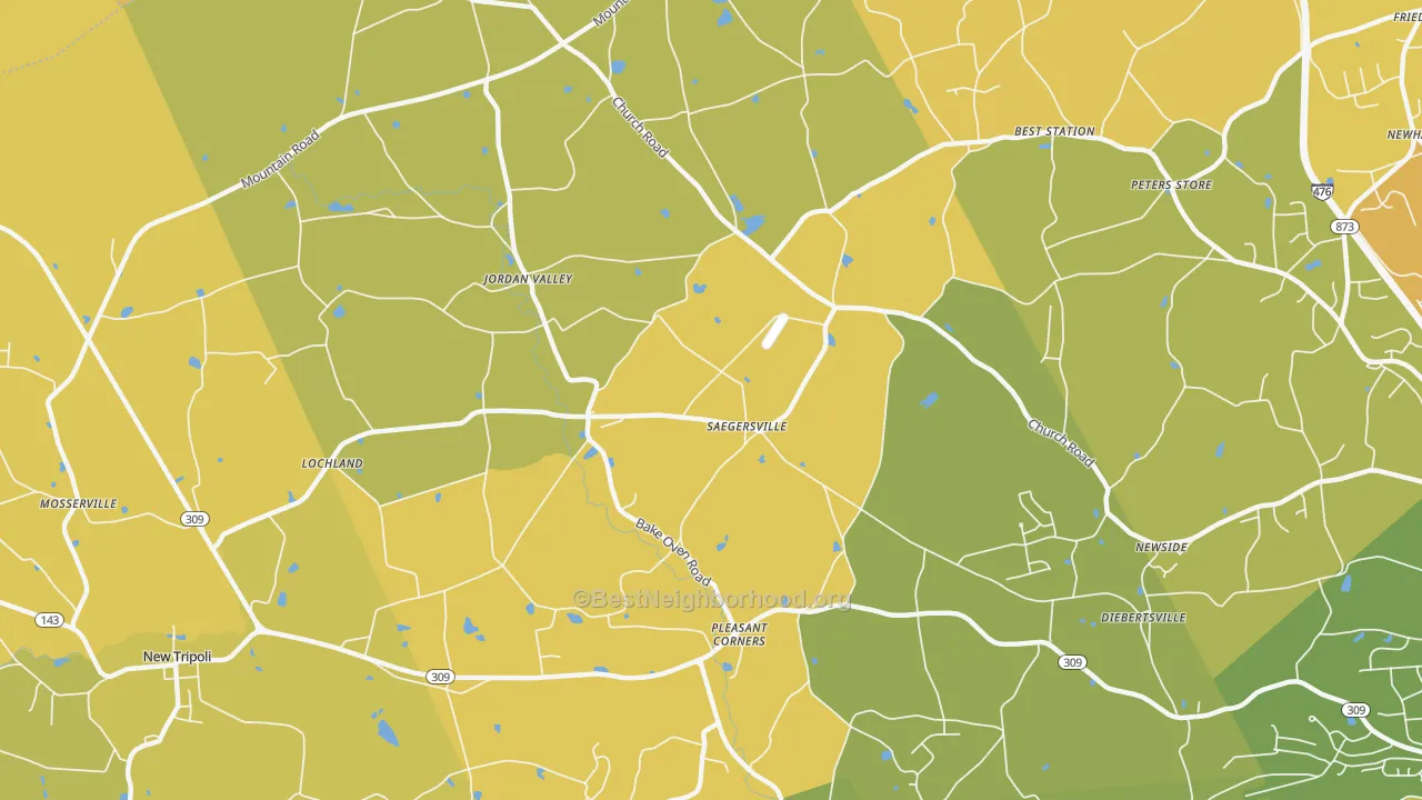 Map of the best neighborhoods in the Germansville area, with better matches in green and worse matches in red